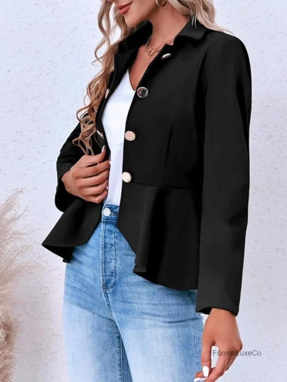 Elegant Women Peplum Blazer Herringbone Open Front Business Office Work Jacket